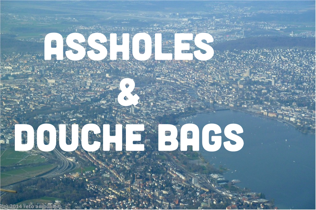 a picture of lake zurich with the words, "Assholes and douche bags"